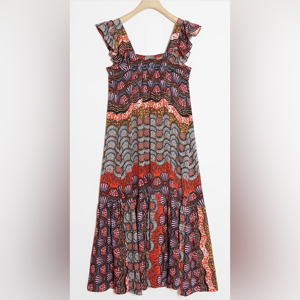 Anthropologie Red Orange Multi Patterned Ruffled Sundress